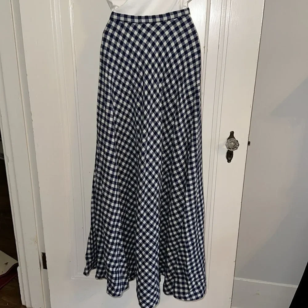 Vintage 60s/70s Kelita navy blue & white‎ checked winter maxi skirt